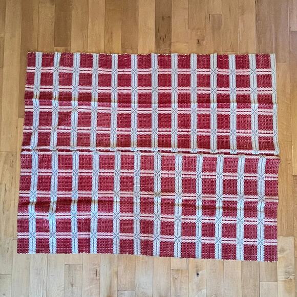 Vintage Handwoven Waffle Weave Coverlet 73x61 Red White Blue Reversible - Picture 1 of 6